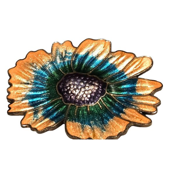 Vintage Brooch Flower Cloisonne Enamel Retro Pink Blue Green Pin 2 1/8" - Picture 1 of 5